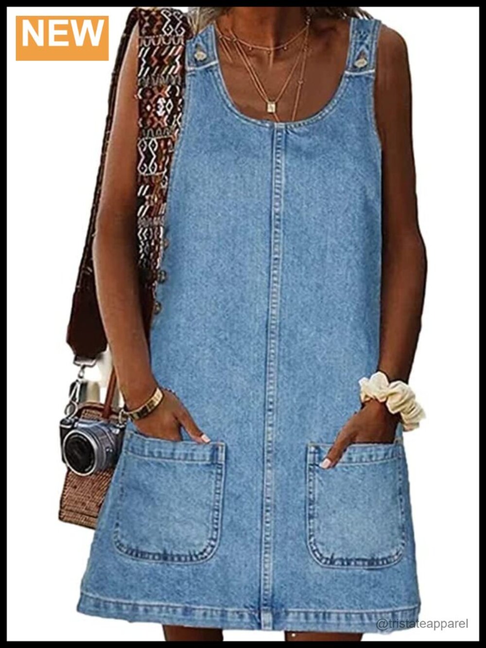 Sleeveless Denim Dress Crewneck Shift Mini Women's Jean Overall